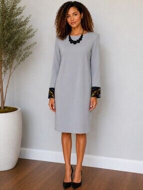 DELLA ROUFOGALI Gray Vintage 80s Long Sleeves Beaded Cuffs Sheath Dress Sz 10